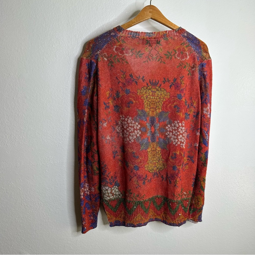 Etro 100% Linen Red Multicolor Floral Paisley Knit Pullover Sweater 44/ M - Picture 10 of 16